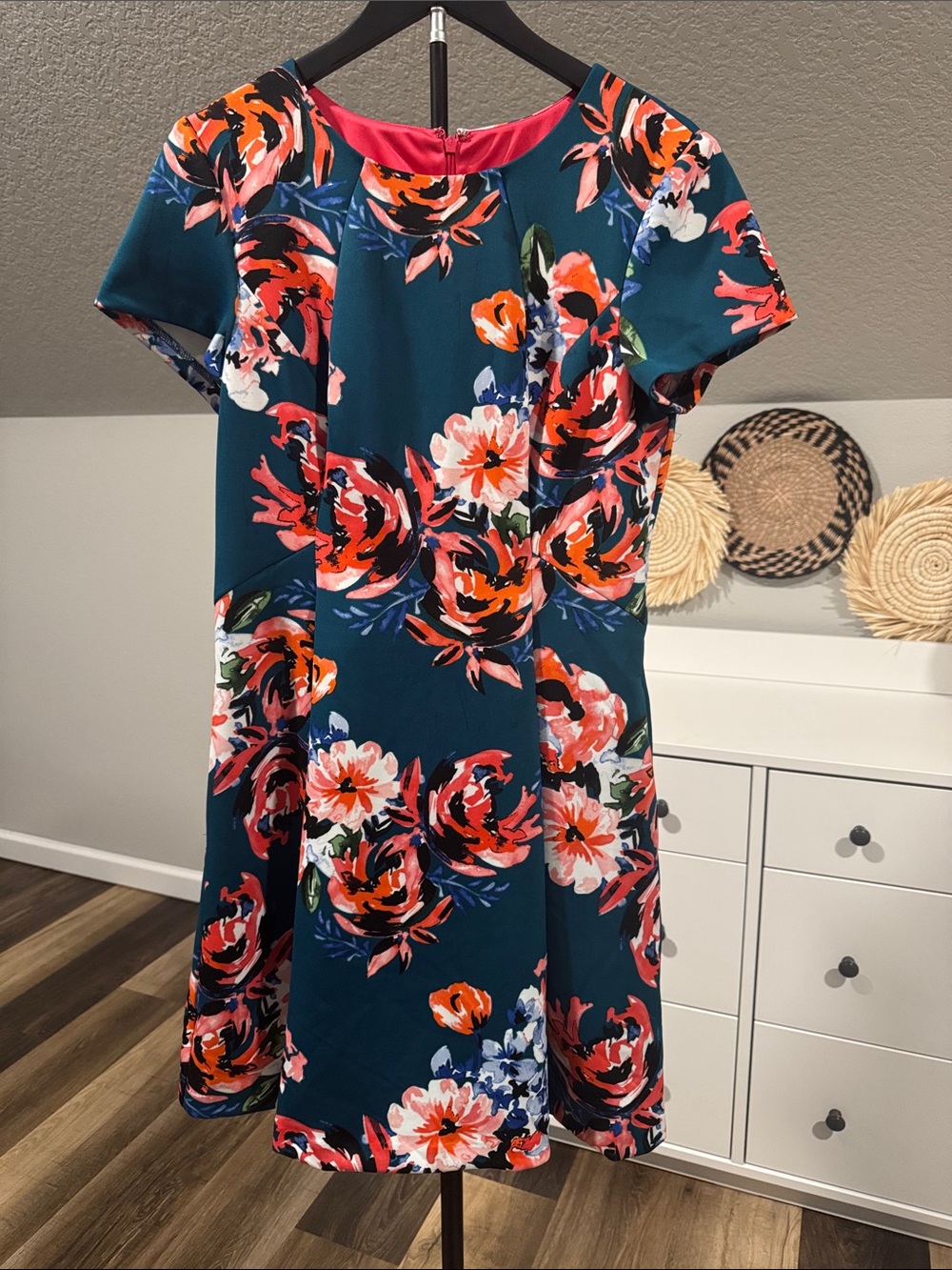 Vince Camuto Teal Floral A-Line Dress with Coral & Pink Blooms